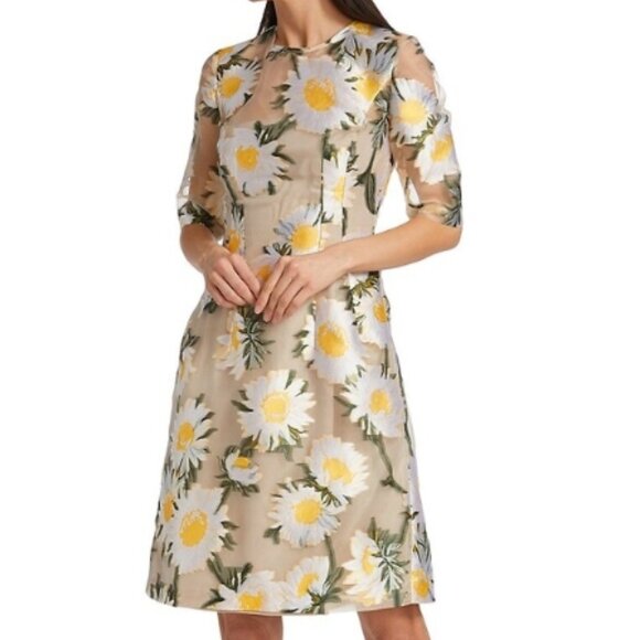 Robe Lela Rose Holly Jaune Métallisé à Fleurs Taille 0-2 - Neuf Avec étiquettes, Coupe Ajustée Et évasée, Manches Courtes